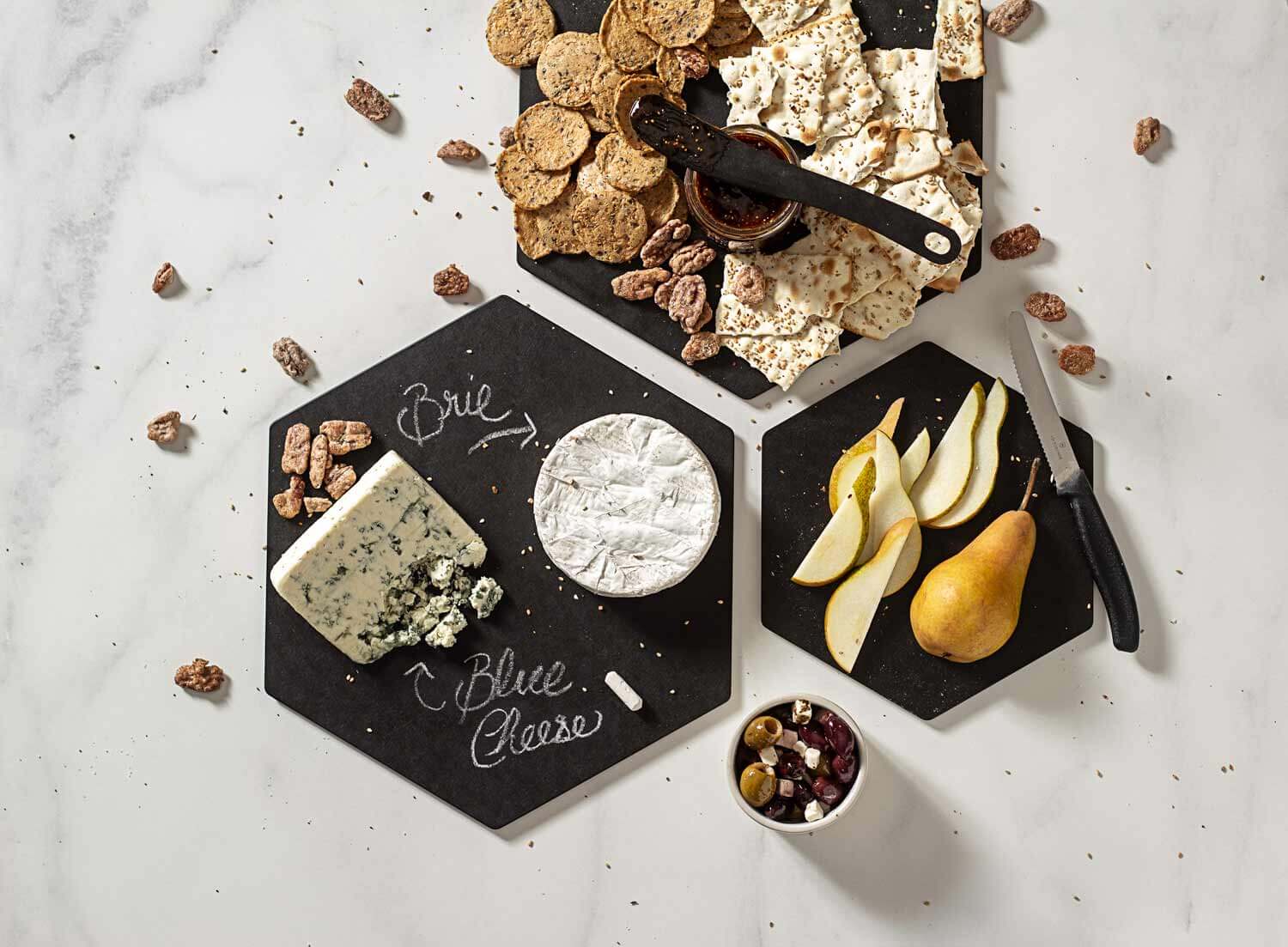 Trio of Slate Epicurean Rectangle Display Boards with a variety of foods