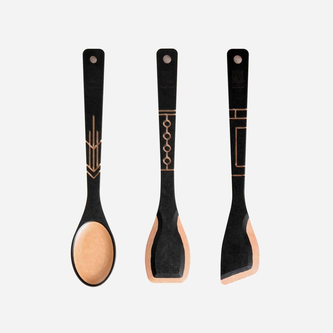 The Frank Lloyd Wright Utensil Set includes the Large Spoon, Paddle and Sauté Tool in Slate/Natural